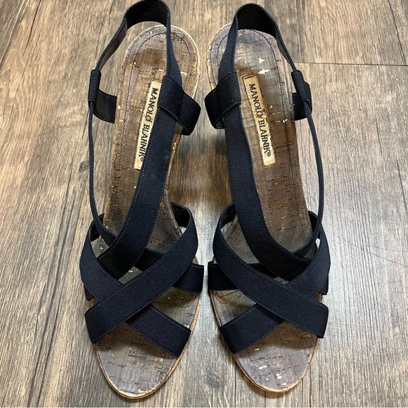 Manolo Blahnik Canvas Slingback Sandals Navy Blue Shoes Strappy Heels Size 10 - Picture 1 of 17